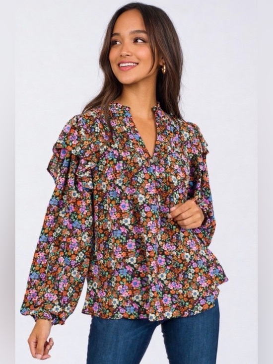 entro Tops - Entro Ditzy Floral Blouse Size 1X Balloon Sleeve Ruffle Cottage Coquette